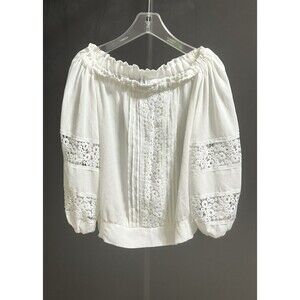 New York & Co Womens M‎ White Embroidered Peasant Top